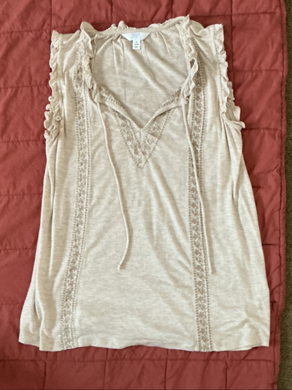 Time and Tru Cream Lace-Trim Tie-Front Tank Top